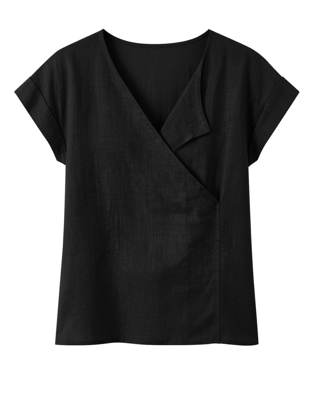 Black V-Neck Wrap Short Sleeve Women's Top